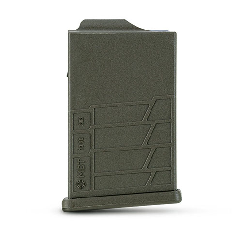 Il MDT Polymer Magazine Gen2 da 10 colpi è compatibile con sistemi MDT e molti chassis M24, supportando vari calibri come .308 e 6.5 Creedmoor.